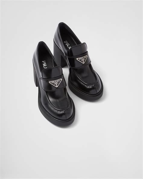 chocolate patent leather loafers prada|prada heeled loafer.